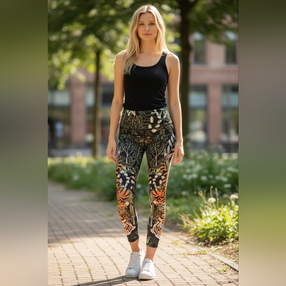 Women Yoga Democracy Tropical Leaf Print Leggings - Black & Green